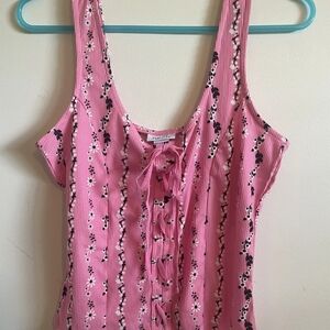 Rue21 Pink Floral Lace-Up Ribbed Tank